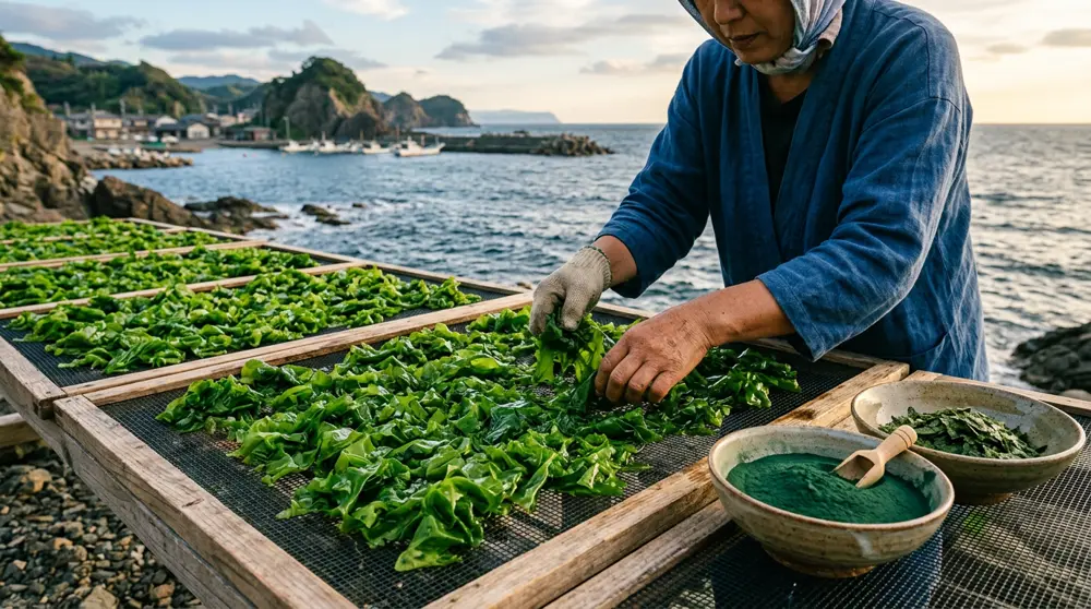 A worker sorting freshly harvested Ulva seaweed on drying racks, with bowls of spirulina powder