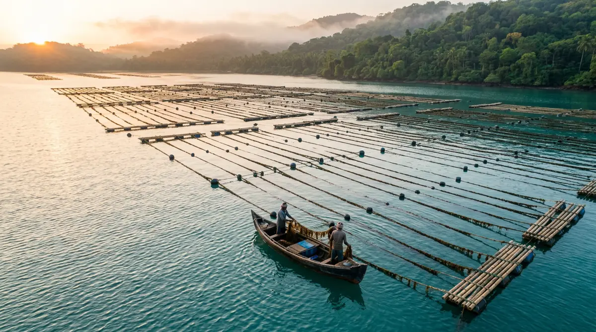 Aerial view of seaweed cultivation lines and a boat on a calm coastal bay at sunrise